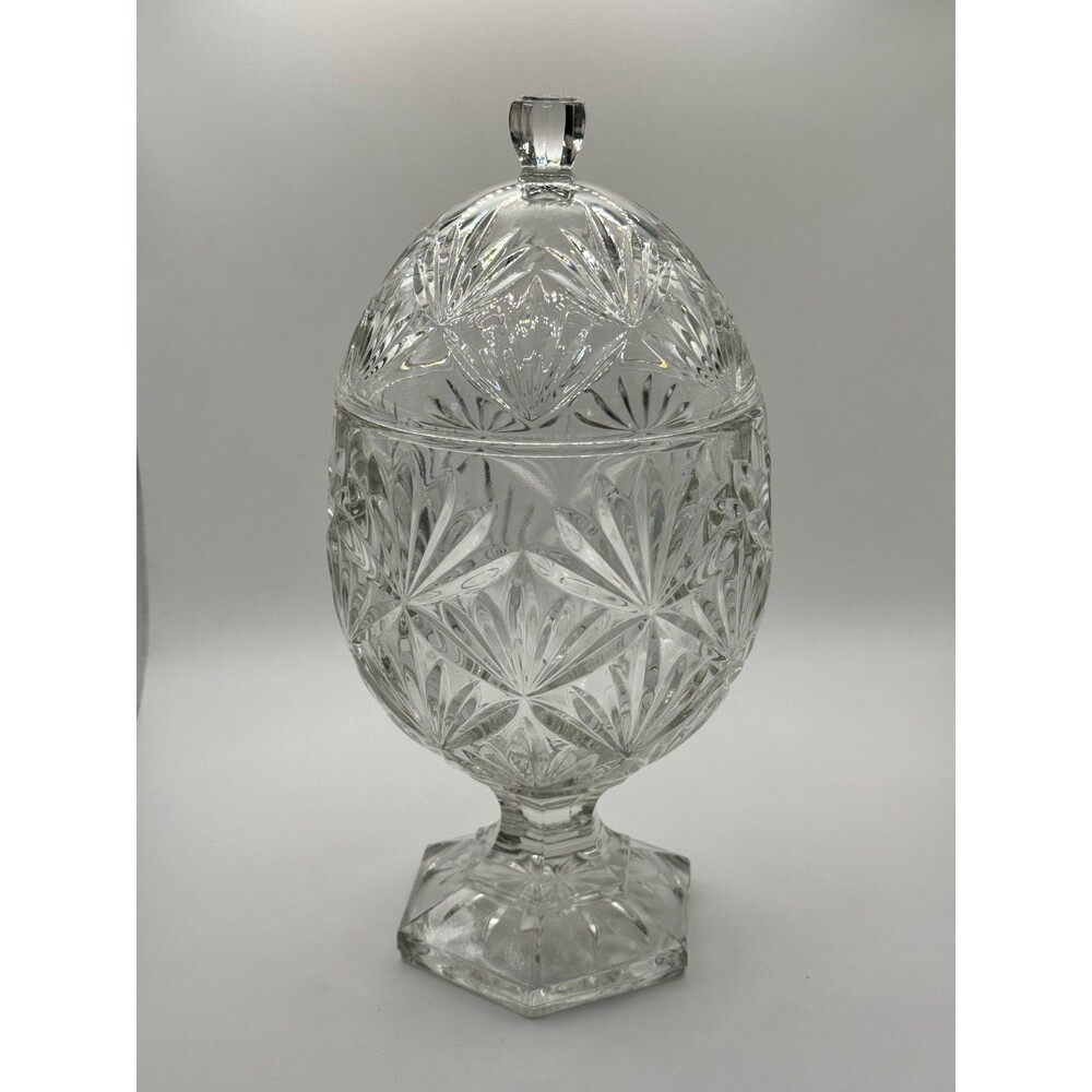 Vintage Egg Shaped Cut Glass Pedestal Candy Dish Jar with Lid, 9" - Picture 5 of 5